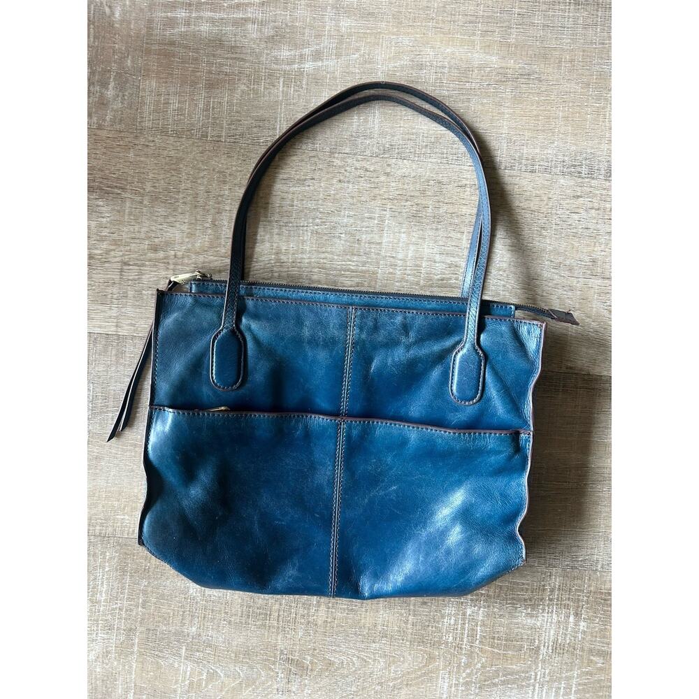 HOBO Leather Shoulder Tote Bag Blue Teal Zip Top Floral Lining Medium + Dust Bag - Picture 3 of 16